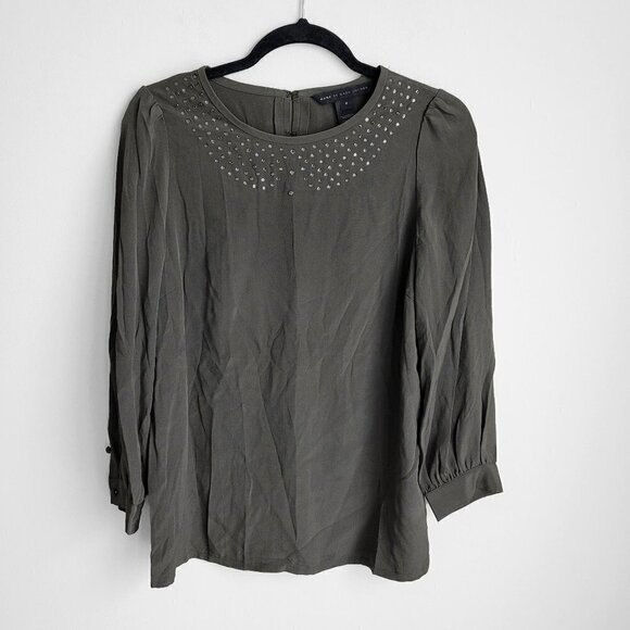 Marc by Marc Jacobs Beluga Olive Green Gray 100% Silk Rhinestone Collar Blouse - Picture 2 of 9